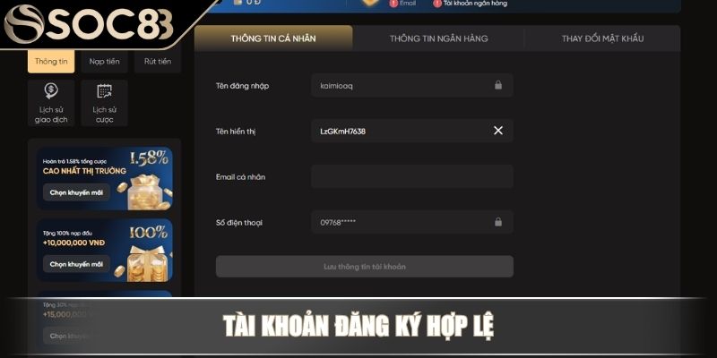 Nạp Tiền Soc88 Nhanh Chóng An Toàn Và Hiệu Quả Nhất 2 Tài khoản đăng ký hợp lệ